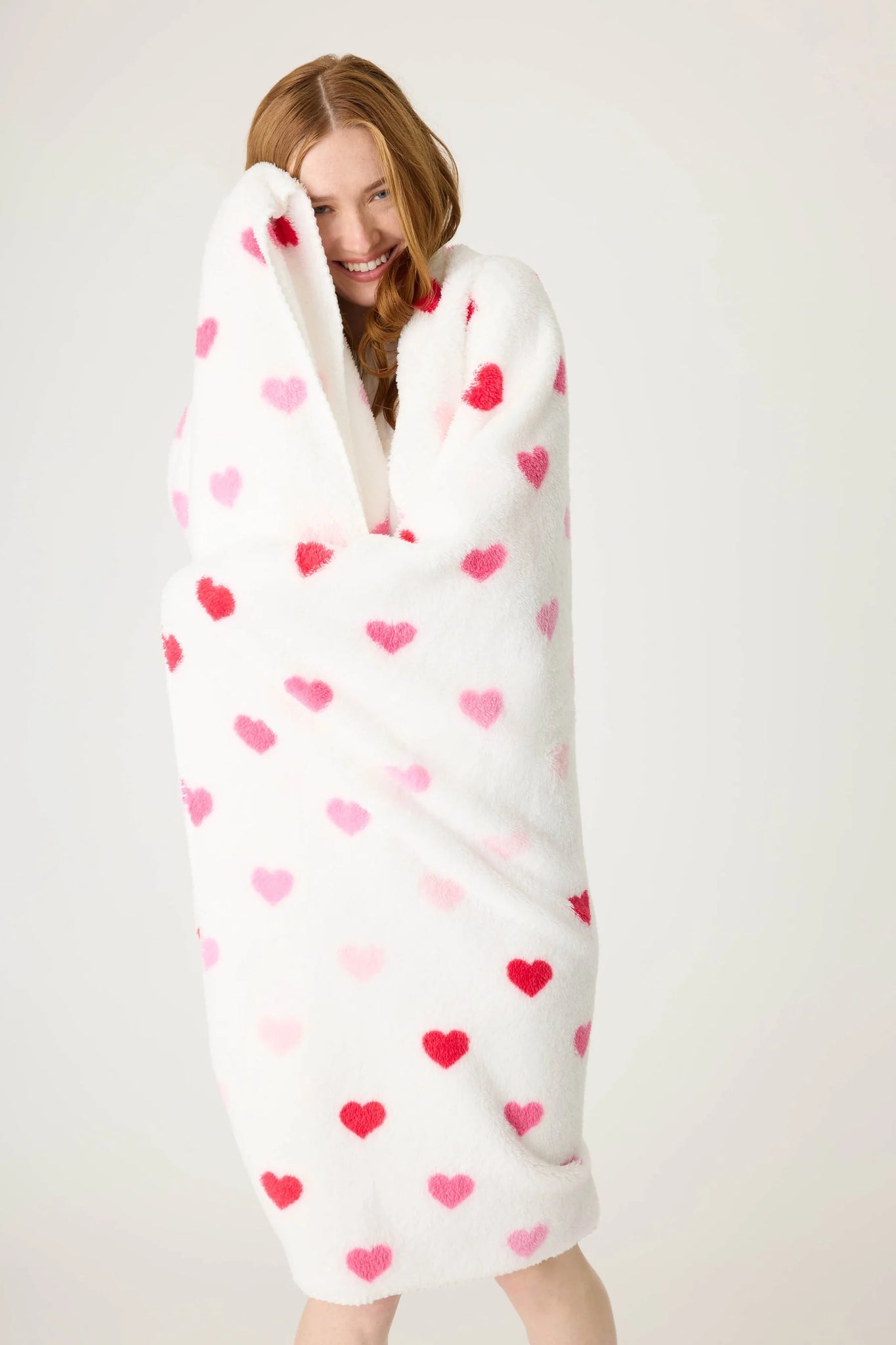 PJ Salvage Plush Ivory Blanket with Pink Heart Pattern