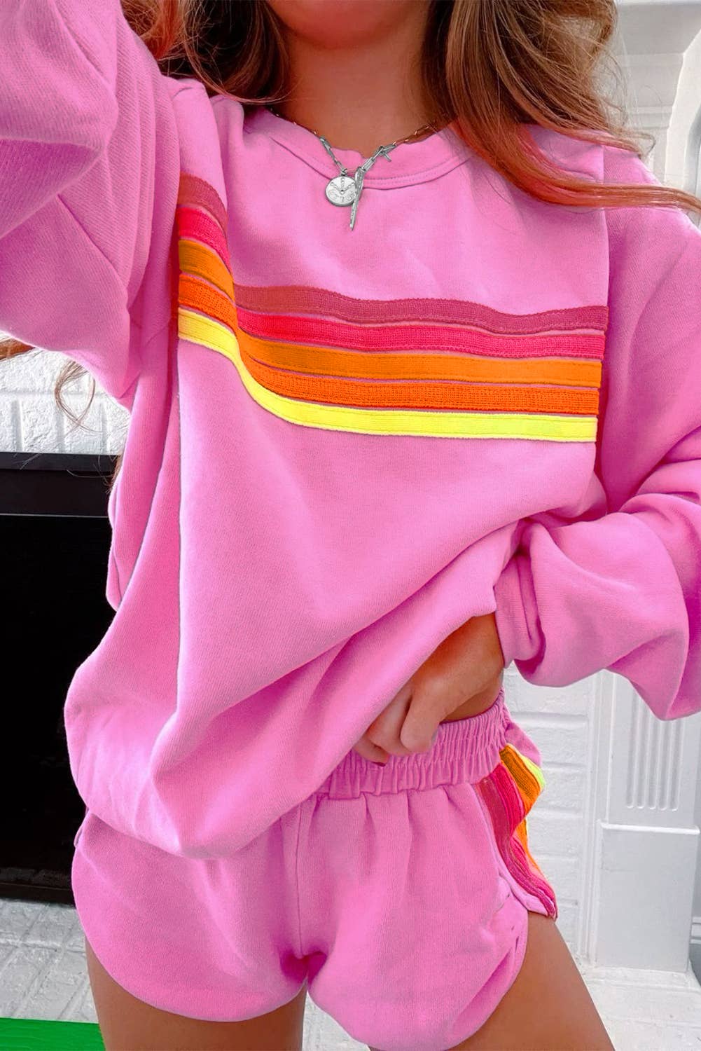Kenzie | Stripe Pullover and Shorts Two Piece Casual Set