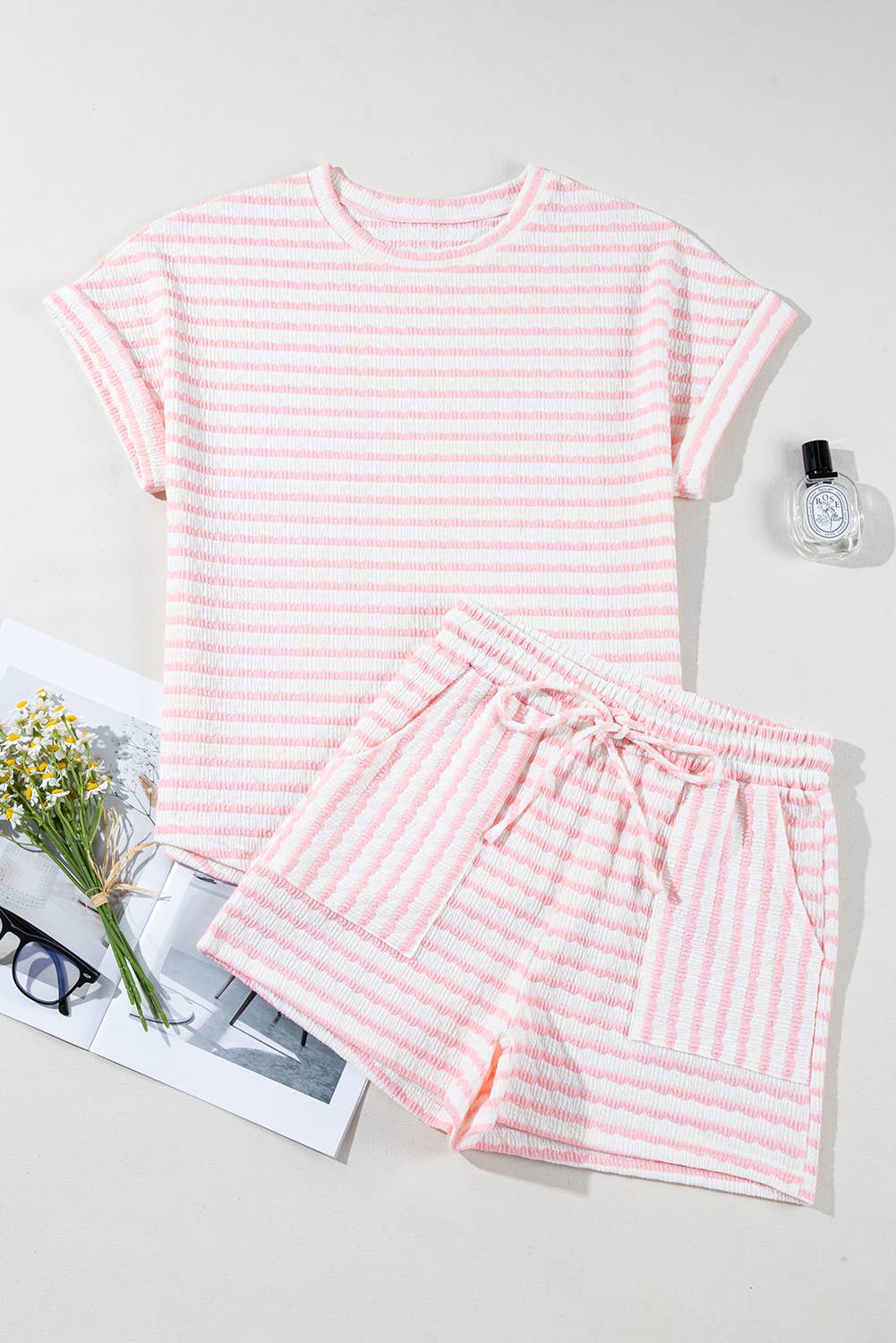 Laney | Stripe Knit Top and Drawstring Shorts Set