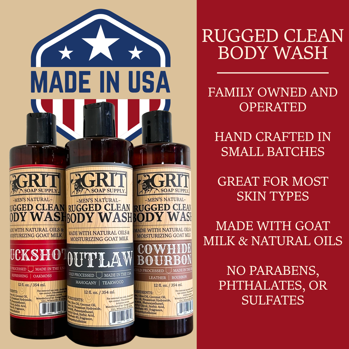 Cowhide Bourbon Goat Milk Body Wash| Natural Men's Body Wash