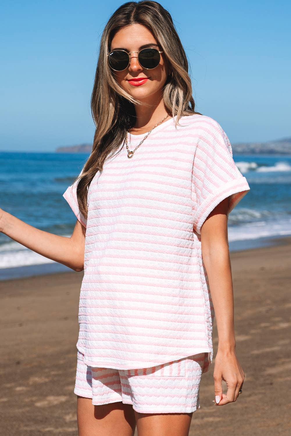 Laney | Stripe Knit Top and Drawstring Shorts Set