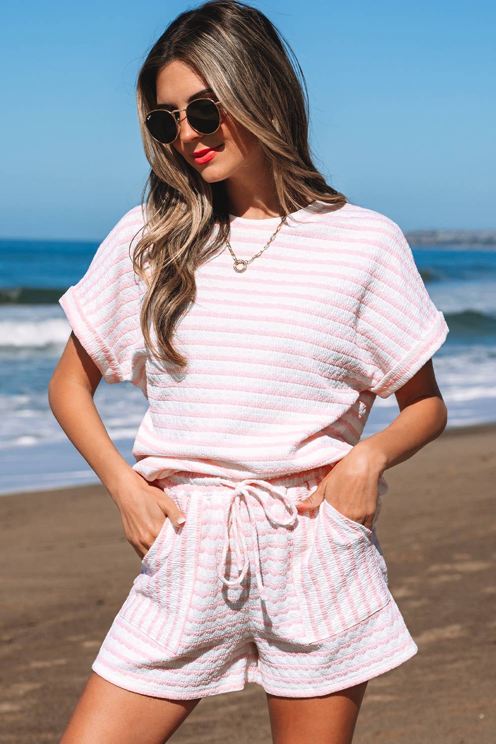 Laney | Stripe Knit Top and Drawstring Shorts Set