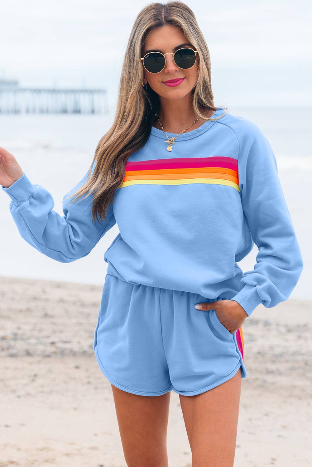 Kenzie | Stripe Pullover and Shorts Two Piece Casual Set