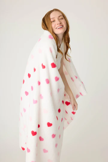 PJ Salvage Plush Ivory Blanket with Pink Heart Pattern