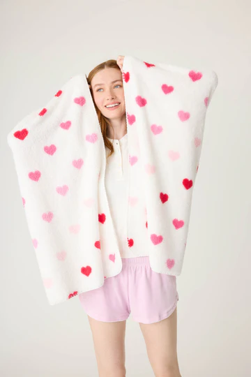 PJ Salvage Plush Ivory Blanket with Pink Heart Pattern